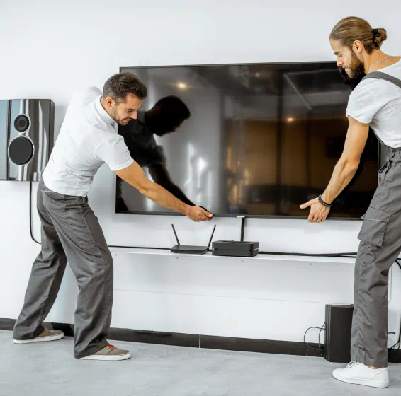 workers installing audio system at home